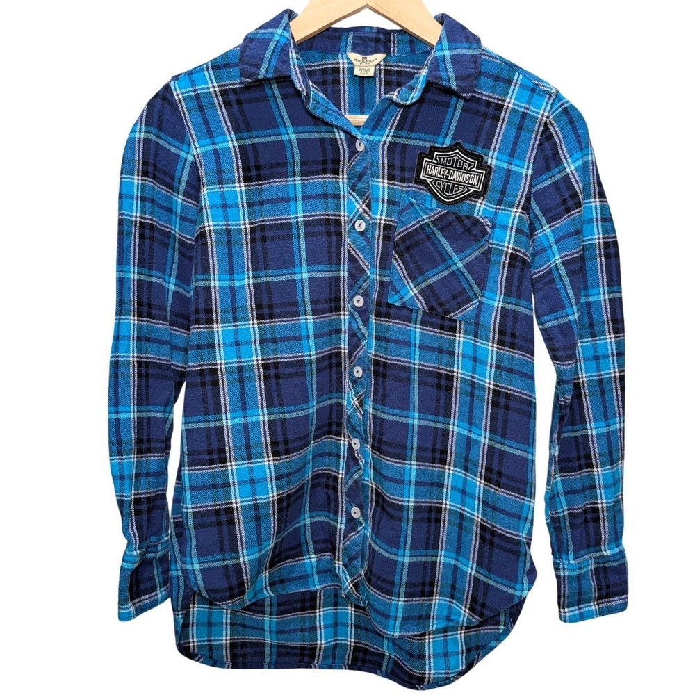 Woolrich Plaid Flannel Shirt Harley Davidson Patch Blue Black‎ White S - Picture 12 of 15